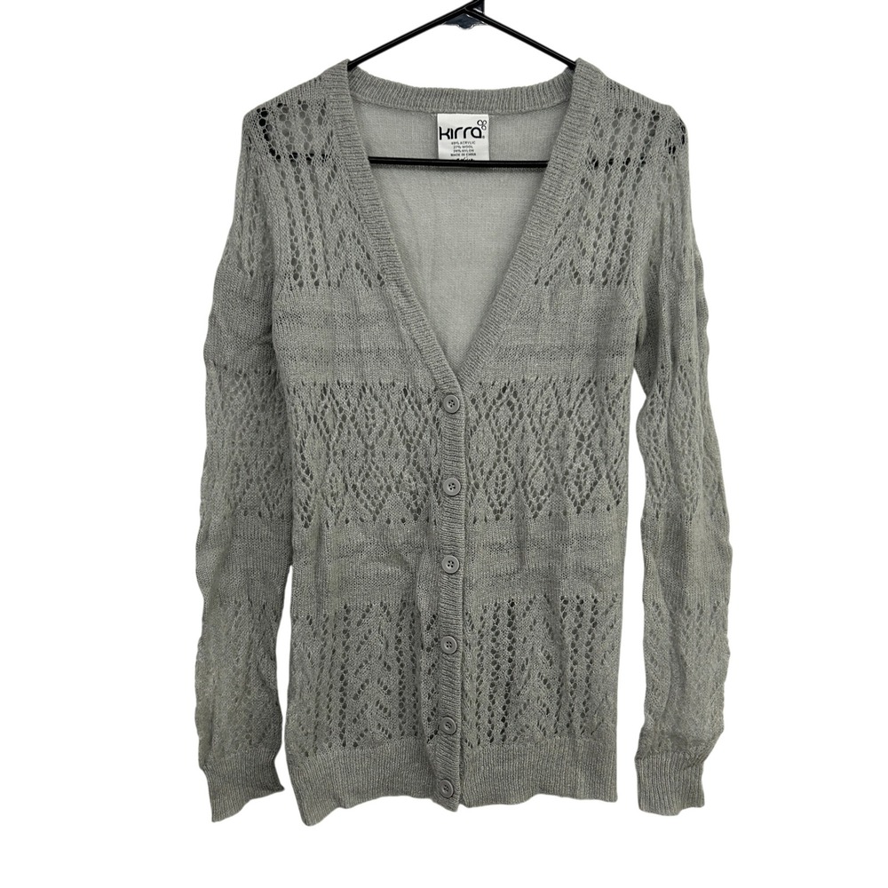 Kirra Pointelle Knit Lightweight Wool Blend Cardigan M Gray Coquette Balletcore